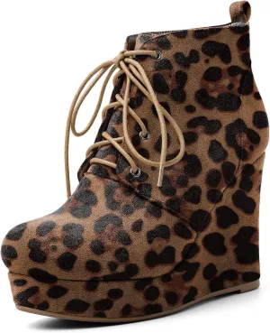 AUMOTED Women's Ankle Boots Wedge Platform Bootie Round Toe Lace up Wedge Heels Boots 4 Inch Warm Boots for Party Evening Shoes