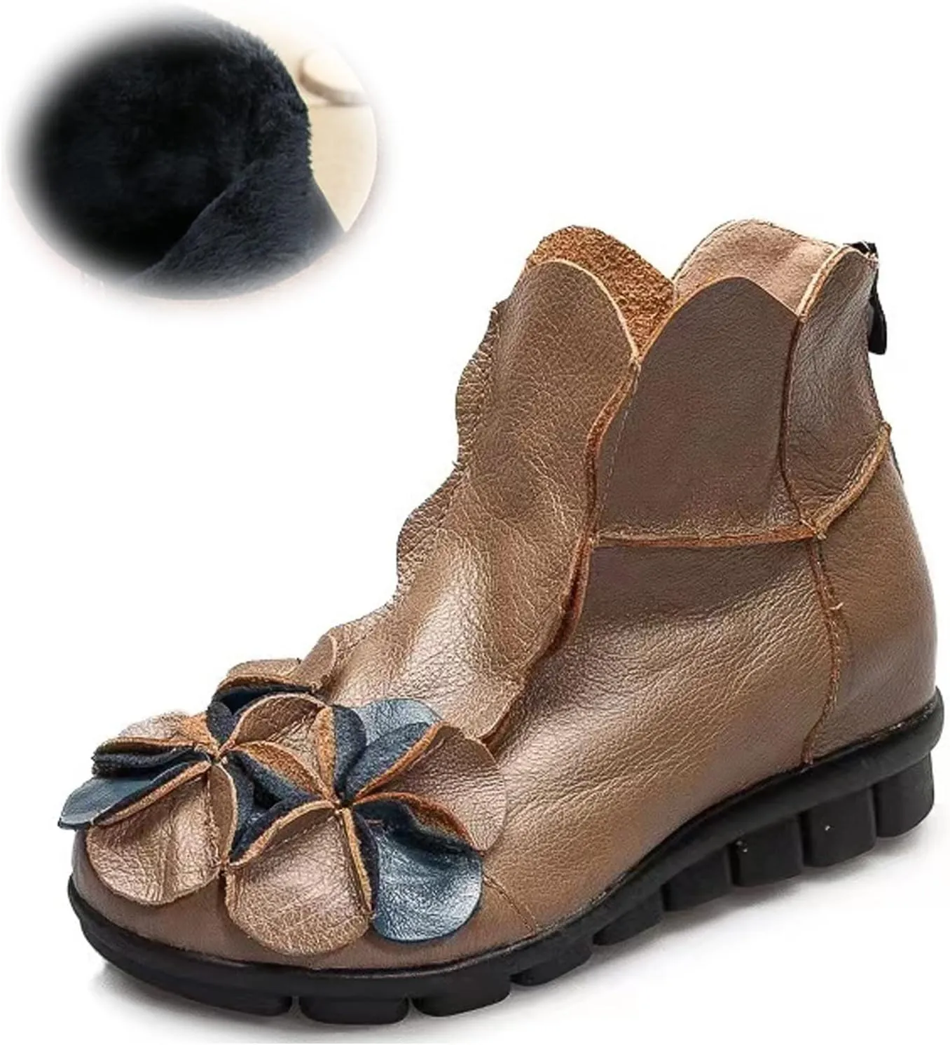 AUNTHUI Women's Leather Fleece Hand-Stitched Wedge Bohemian Flower Ankle Boots,Back Zipper Warm Non-Slip Retro Casual Shoes