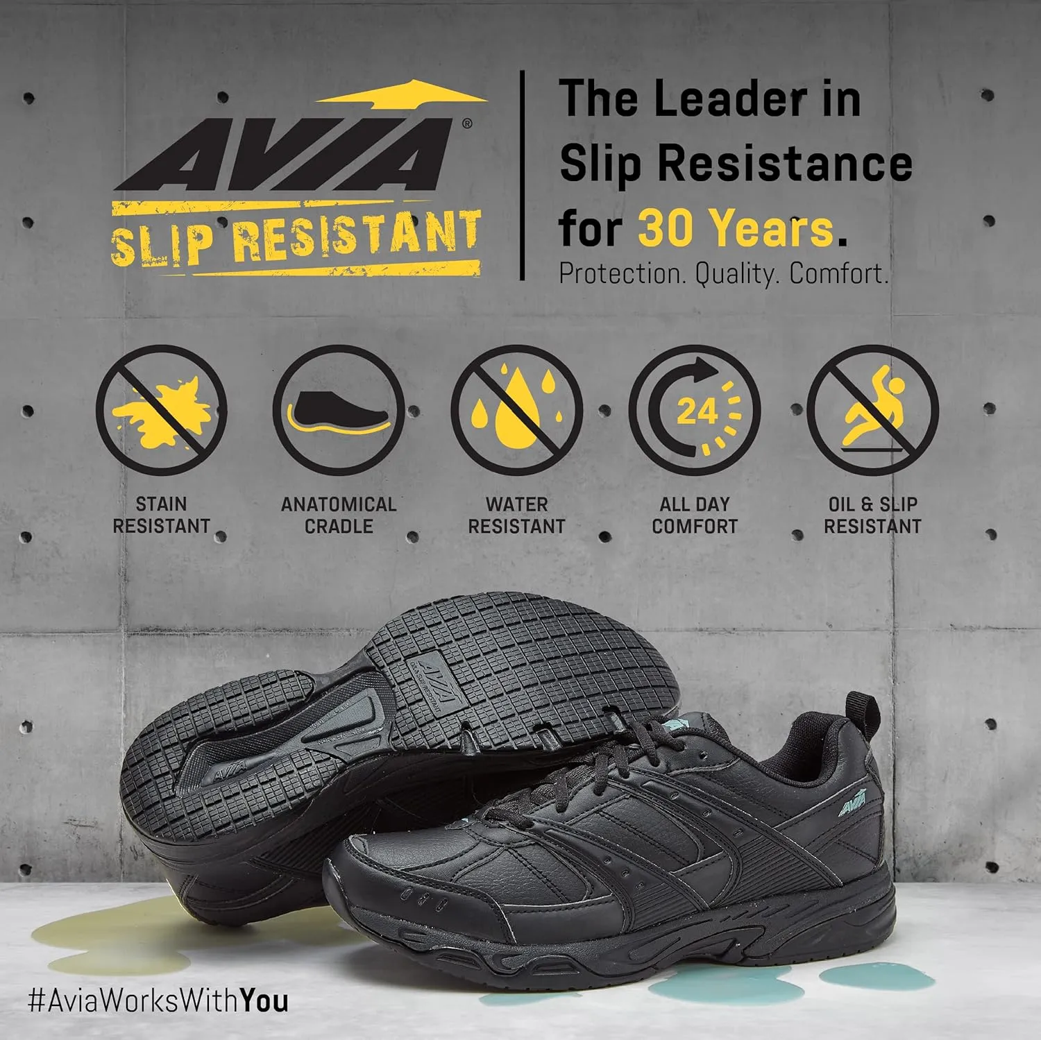 Avia Avi-Union II Non Slip Shoes for Men - Comfort Restaurant Work, Black or White Slip Resistant Shoes, Medium, Wide or Extra Wide