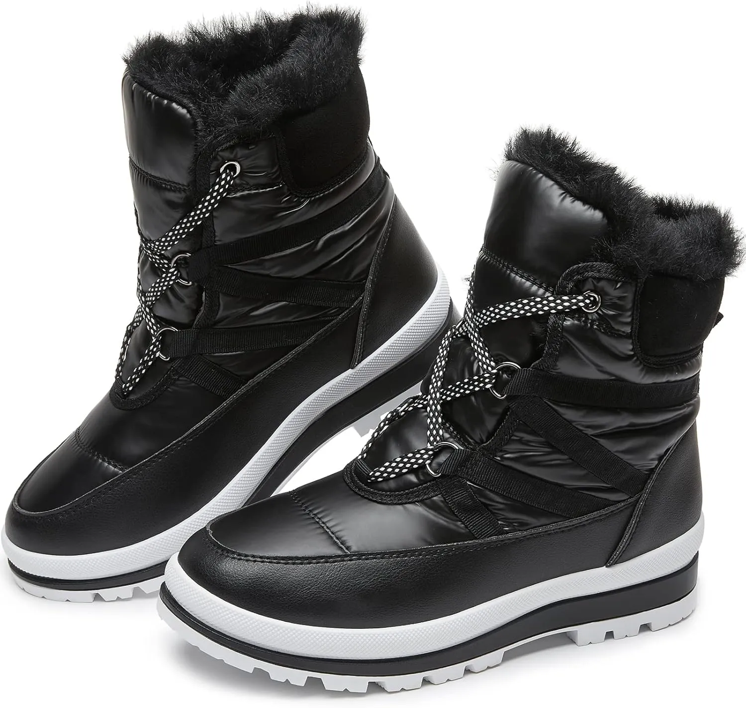 BABUDOG Womens Warm Fur Lined Mid-Calf Boots Waterproof Winter Snow Boots Non-slip Lace up Combat Boots