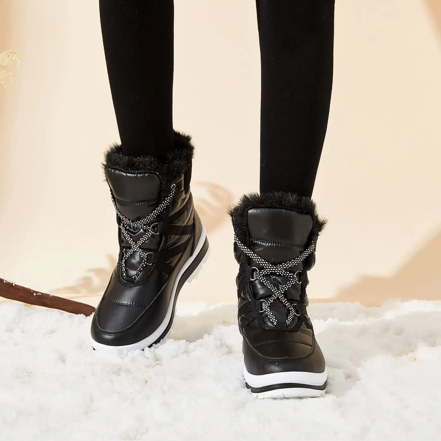 BABUDOG Womens Warm Fur Lined Mid-Calf Boots Waterproof Winter Snow Boots Non-slip Lace up Combat Boots