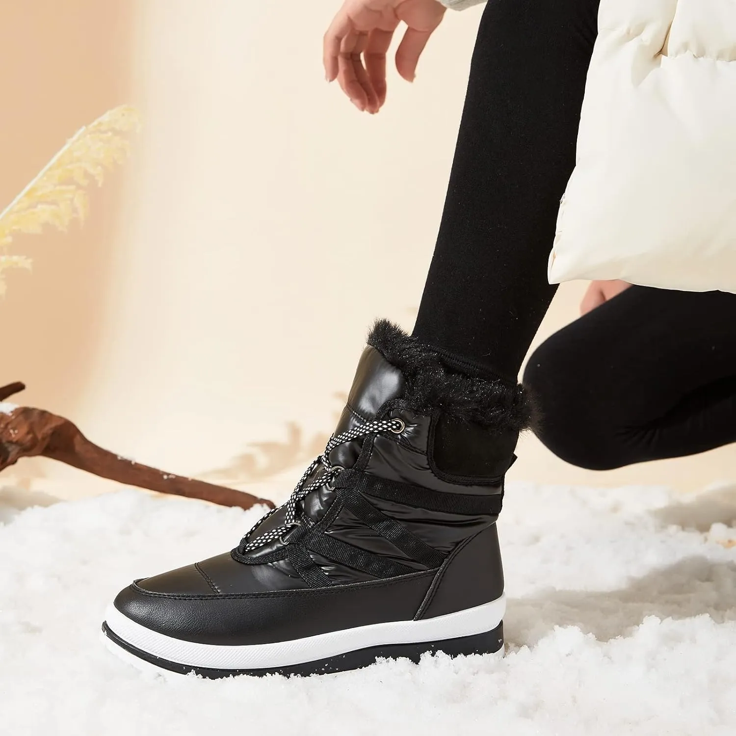 BABUDOG Womens Warm Fur Lined Mid-Calf Boots Waterproof Winter Snow Boots Non-slip Lace up Combat Boots