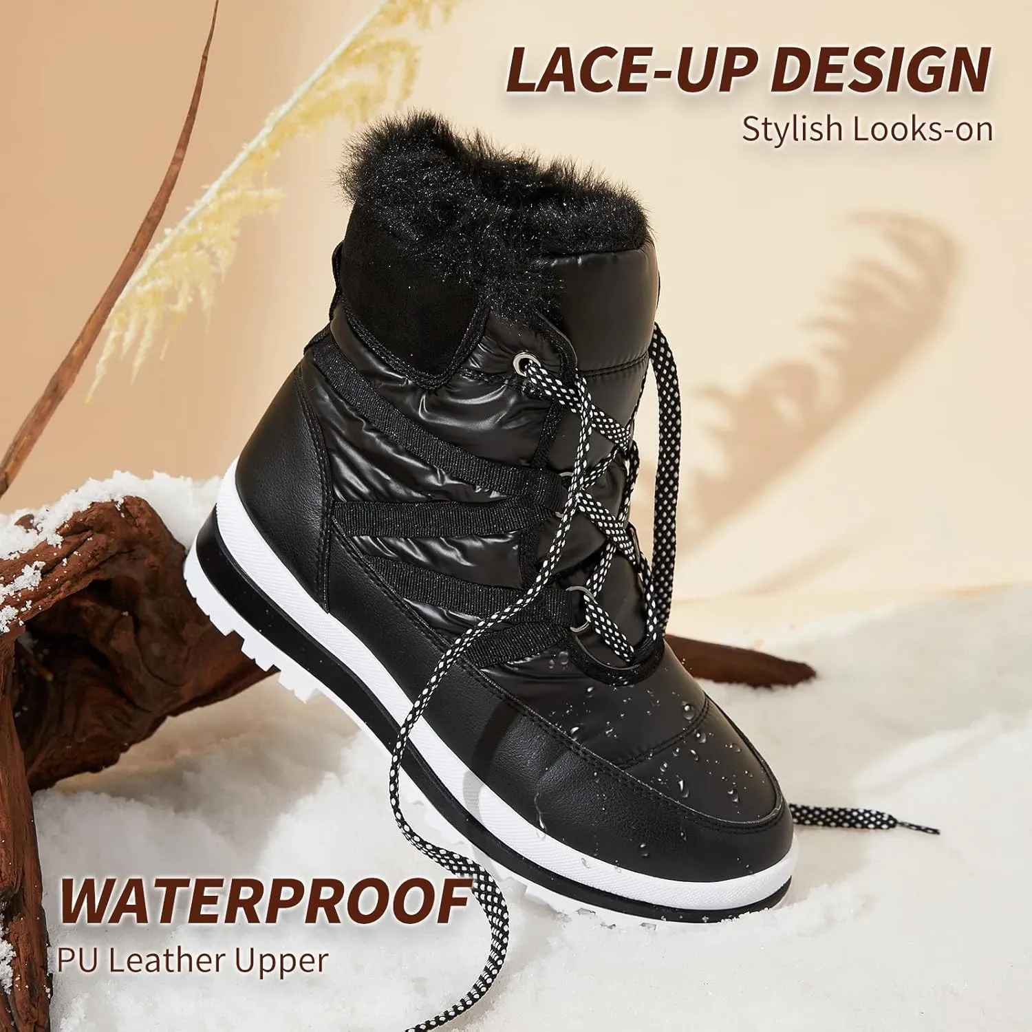BABUDOG Womens Warm Fur Lined Mid-Calf Boots Waterproof Winter Snow Boots Non-slip Lace up Combat Boots
