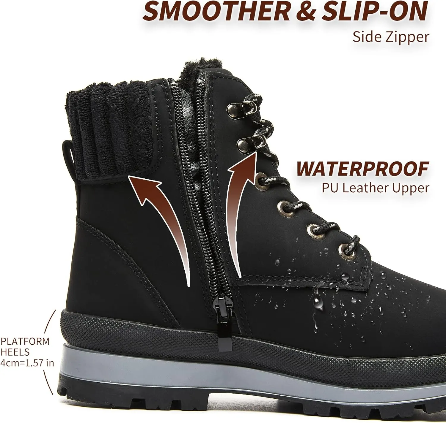 BABUDOG Womens Waterproof Ankle Boots for Outdoor (Non Slip Outsole),Fashion Combat Boots with Side Zipper,Warm Fur Lined Winter Snow Boots