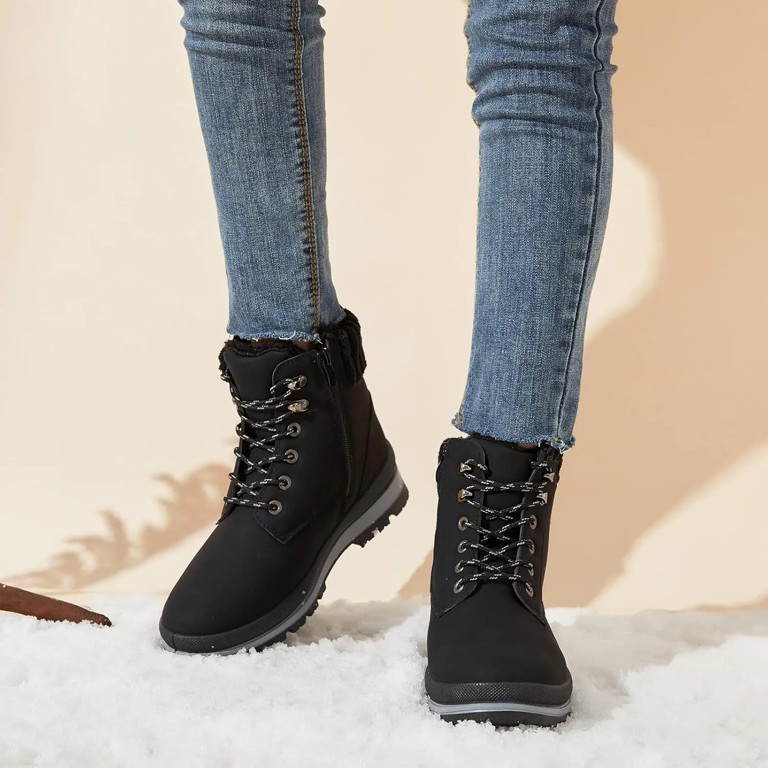 BABUDOG Womens Waterproof Ankle Boots for Outdoor (Non Slip Outsole),Fashion Combat Boots with Side Zipper,Warm Fur Lined Winter Snow Boots
