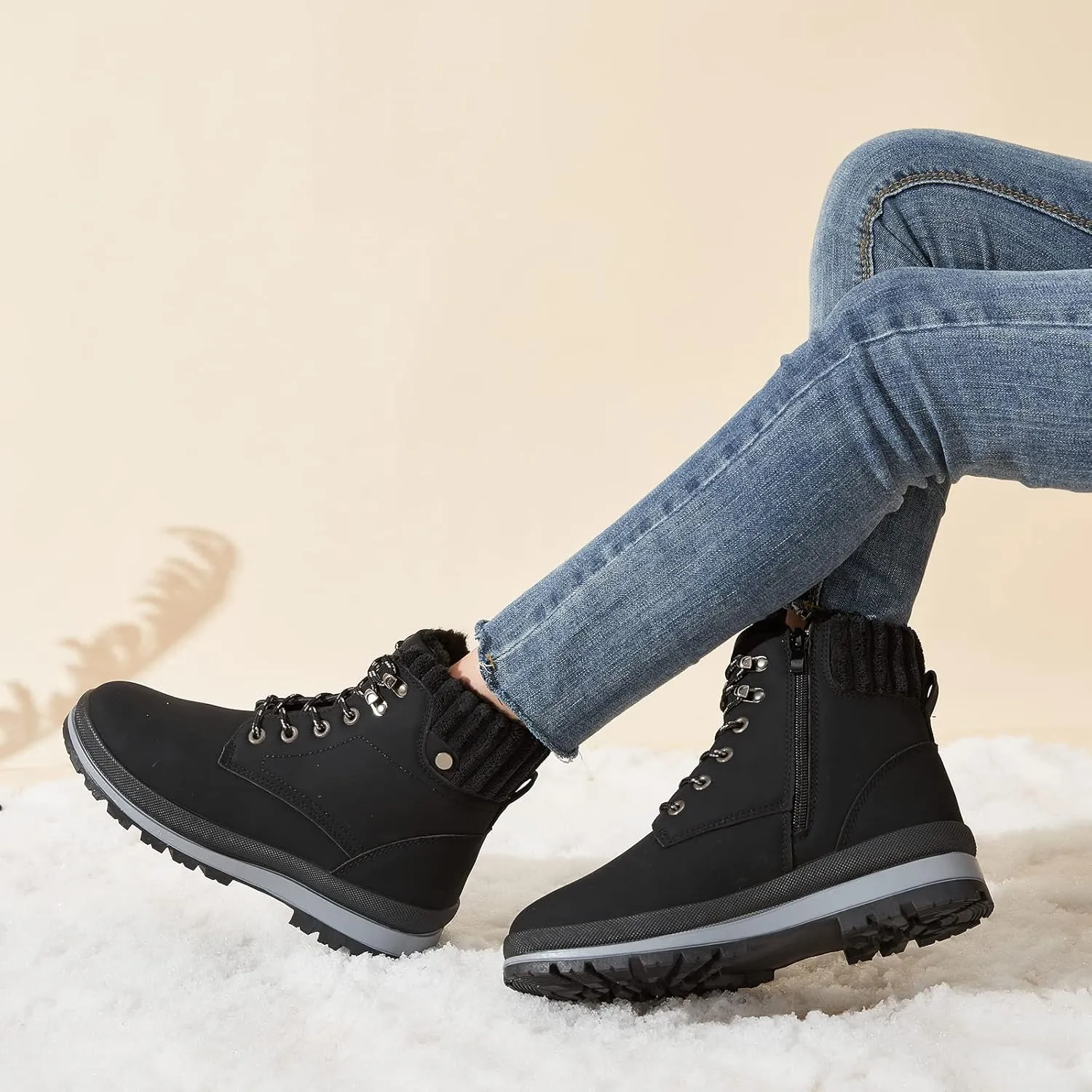 BABUDOG Womens Waterproof Ankle Boots for Outdoor (Non Slip Outsole),Fashion Combat Boots with Side Zipper,Warm Fur Lined Winter Snow Boots