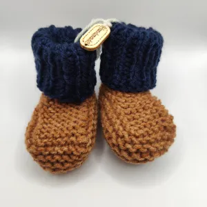 Baby Boots - Hand knitted - Coffee sock with navy cuff - Nikki Dellavia