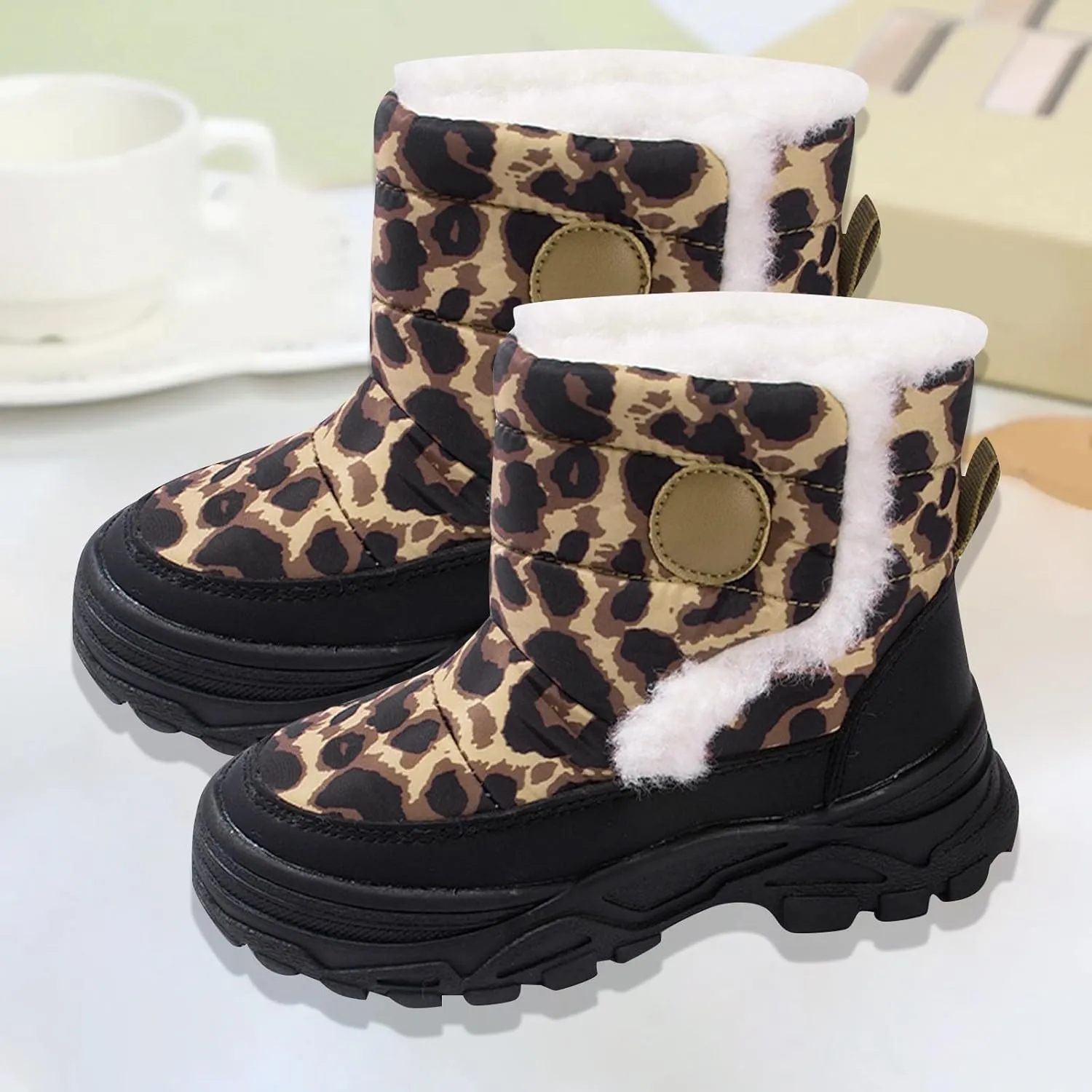 Baby Boys Girls Leopard Winter Warm Cozy Shoes Fleece Snow Boots Toddler Infant Non-Slip Faux F𝘂r Walking Booties
