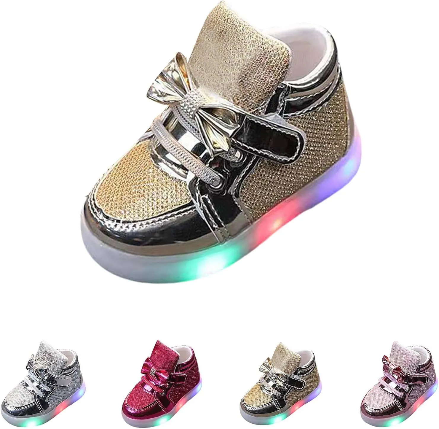 Baby Infant Gold Glitter Lights up Sneakers Hook Loop Flat Non Slip Walking Sport Shoes Toddler Newborn Casual Sneakers