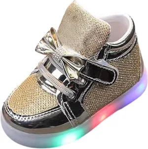 Baby Infant Gold Glitter Lights up Sneakers Hook Loop Flat Non Slip Walking Sport Shoes Toddler Newborn Casual Sneakers