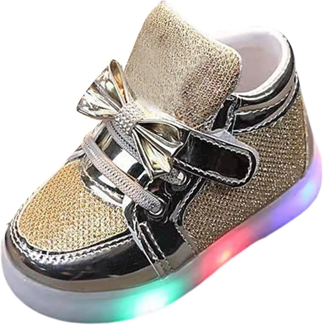 Baby Infant Gold Glitter Lights up Sneakers Hook Loop Flat Non Slip Walking Sport Shoes Toddler Newborn Casual Sneakers
