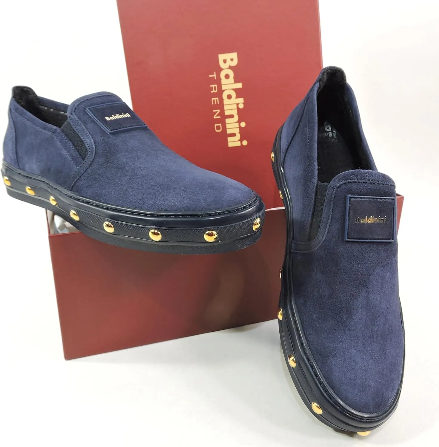 Baldinini Women's Navy Blue Suede Slip-On Loafers, Gold Studded Sole, Comfort Flat