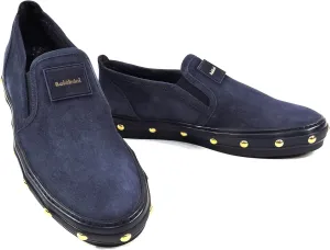 Baldinini Women's Navy Blue Suede Slip-On Loafers, Gold Studded Sole, Comfort Flat
