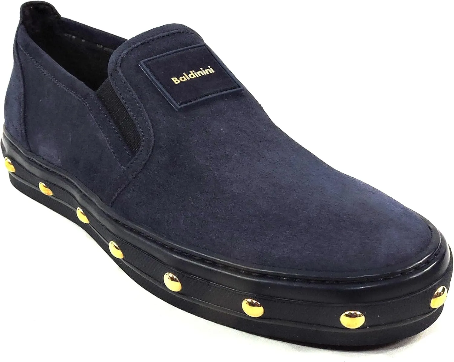 Baldinini Women's Navy Blue Suede Slip-On Loafers, Gold Studded Sole, Comfort Flat