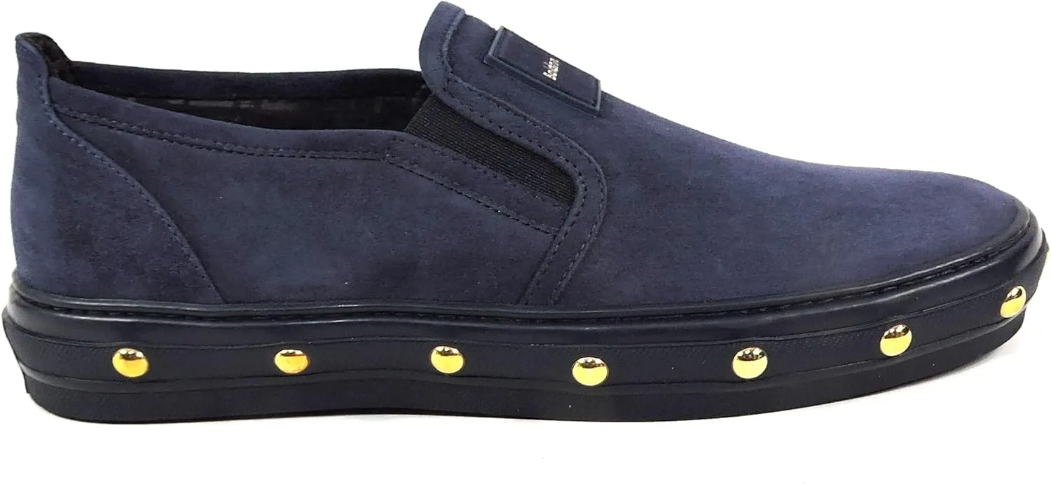 Baldinini Women's Navy Blue Suede Slip-On Loafers, Gold Studded Sole, Comfort Flat