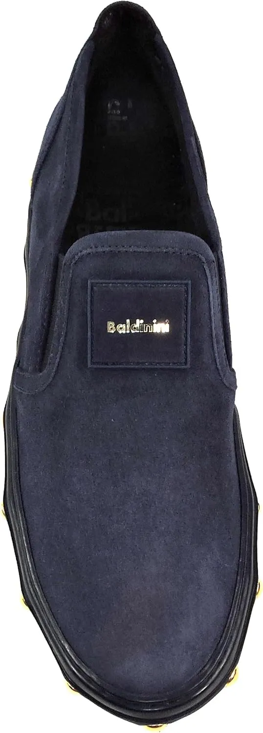 Baldinini Women's Navy Blue Suede Slip-On Loafers, Gold Studded Sole, Comfort Flat