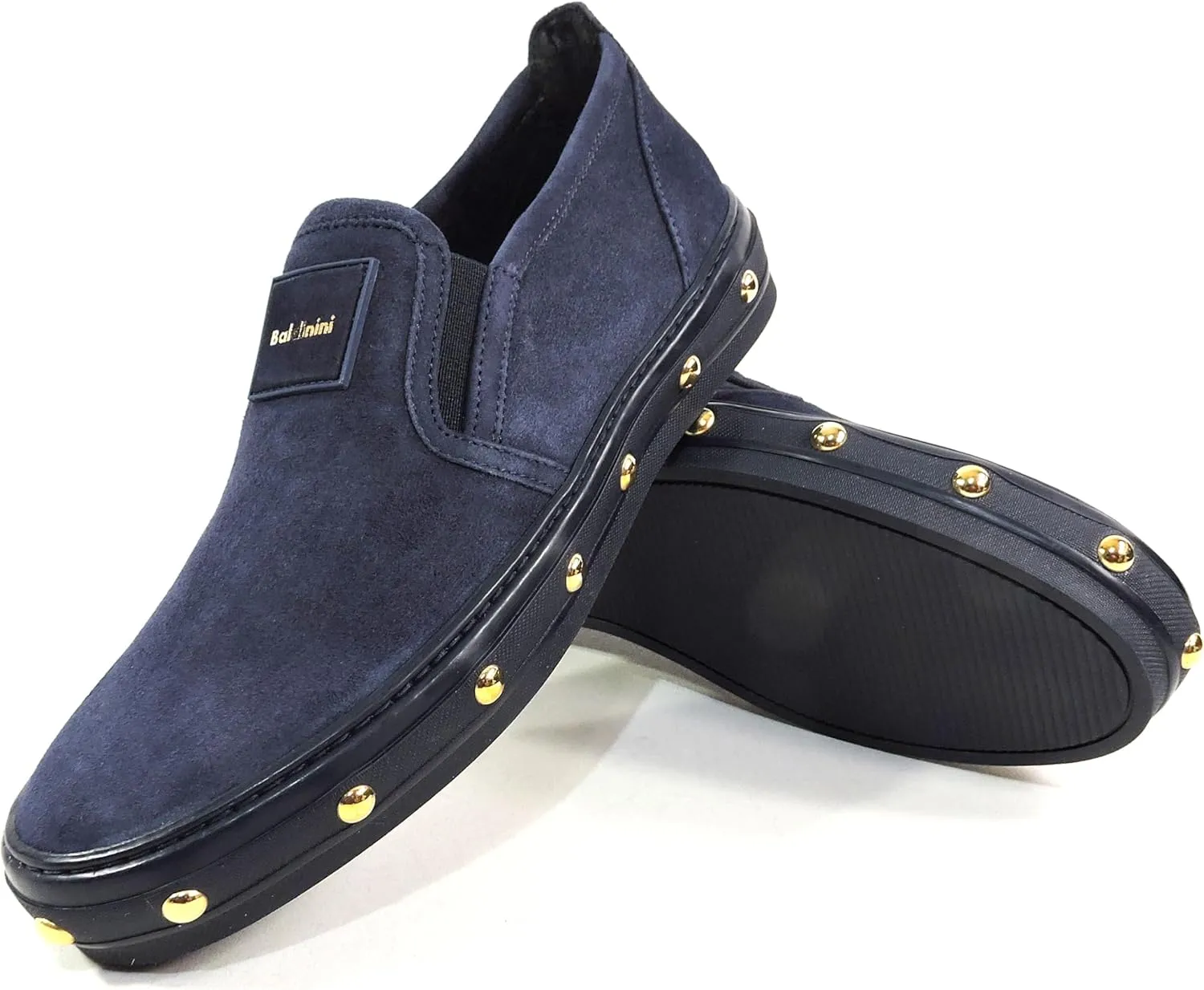 Baldinini Women's Navy Blue Suede Slip-On Loafers, Gold Studded Sole, Comfort Flat