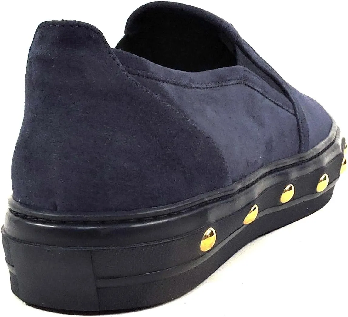 Baldinini Women's Navy Blue Suede Slip-On Loafers, Gold Studded Sole, Comfort Flat