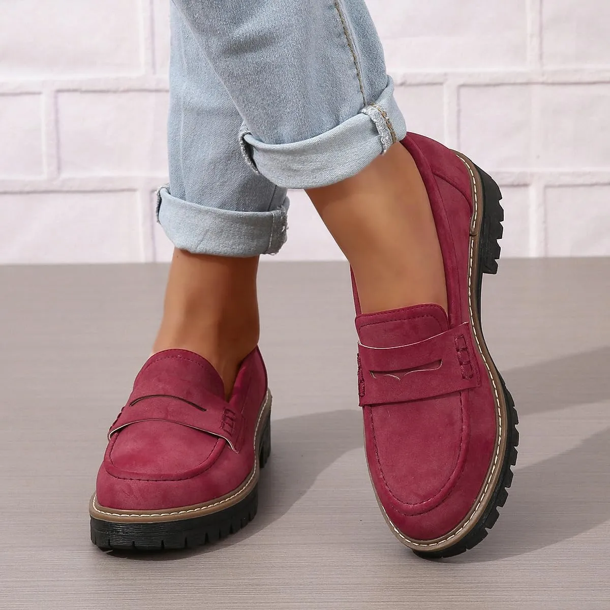 Bandkos Women's Platform Penny Loafers Slip On-Suede Chunky Dress Shoes Casual Business Oxford for Work