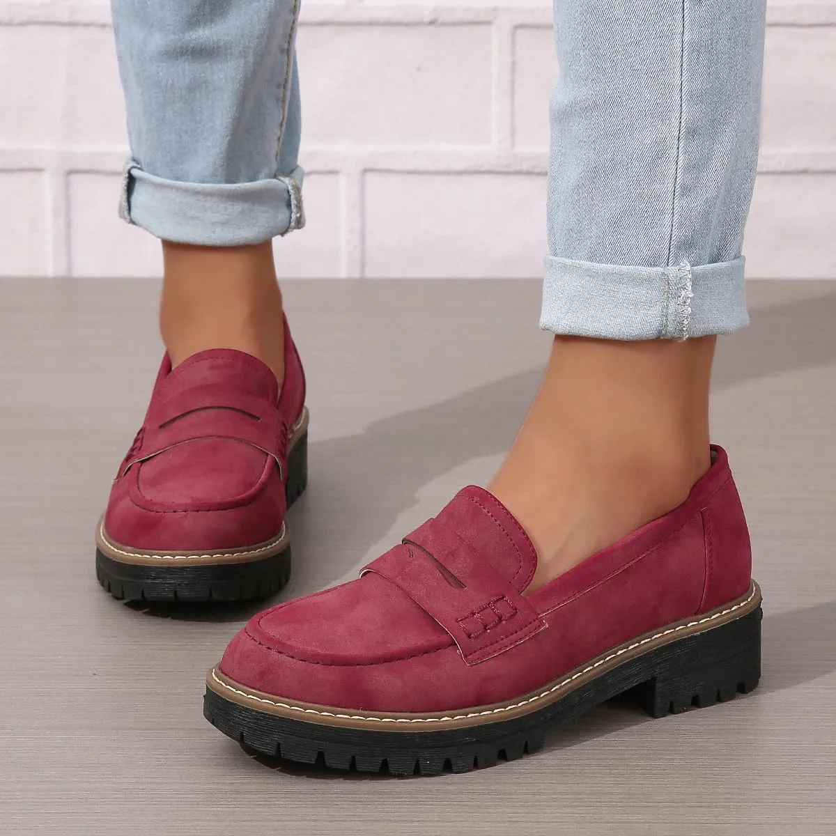 Bandkos Women's Platform Penny Loafers Slip On-Suede Chunky Dress Shoes Casual Business Oxford for Work