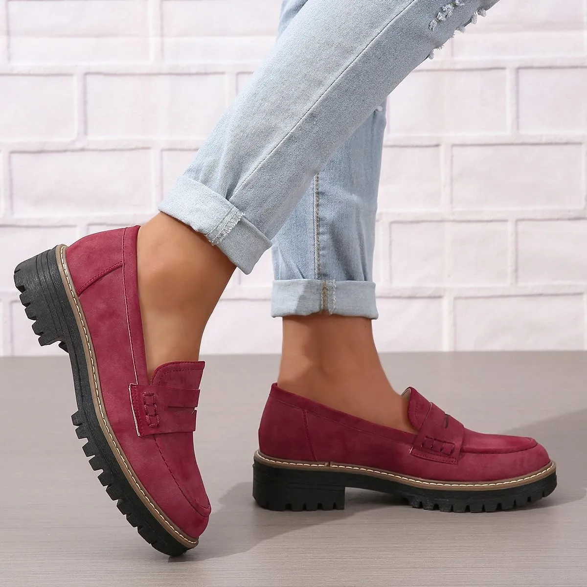 Bandkos Women's Platform Penny Loafers Slip On-Suede Chunky Dress Shoes Casual Business Oxford for Work