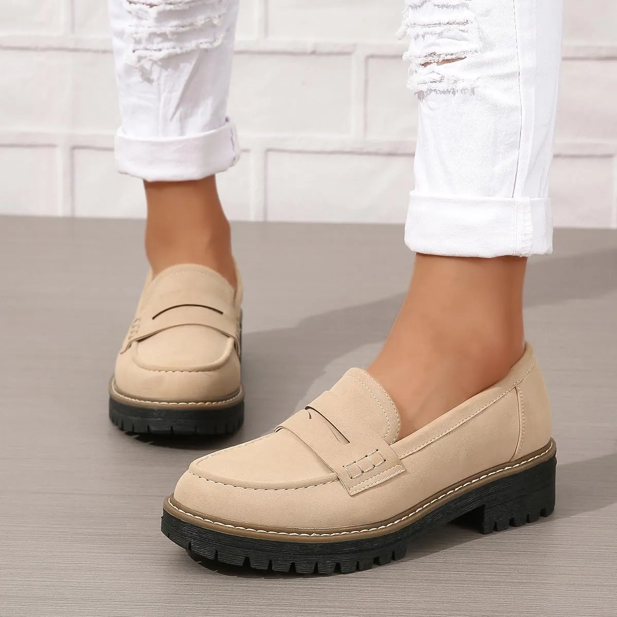 Bandkos Women's Platform Penny Loafers Slip On-Suede Chunky Dress Shoes Casual Business Oxford for Work