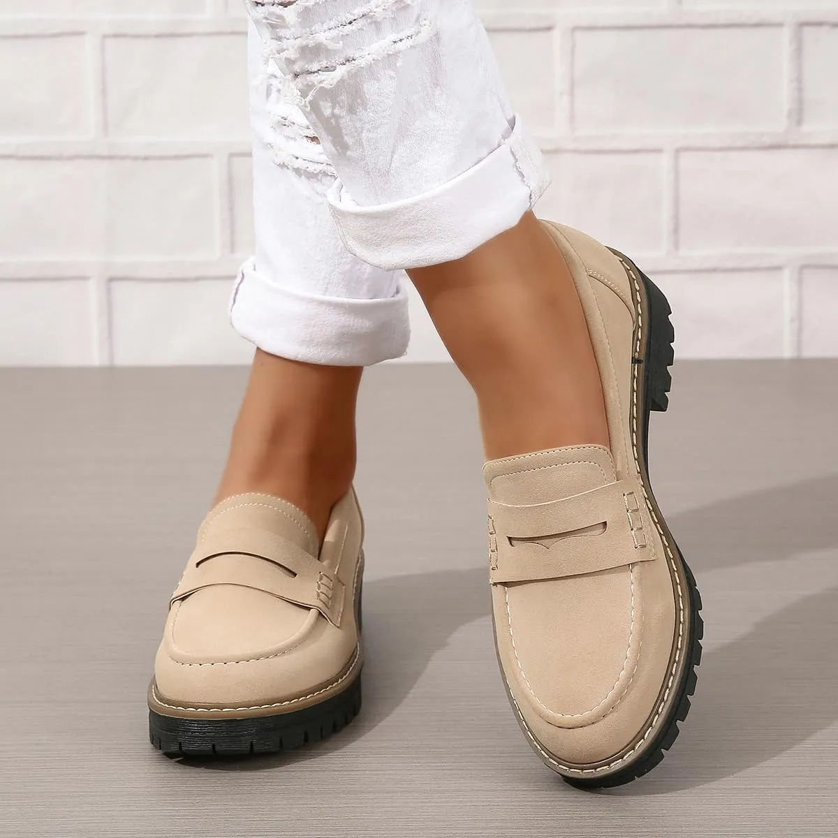 Bandkos Women's Platform Penny Loafers Slip On-Suede Chunky Dress Shoes Casual Business Oxford for Work
