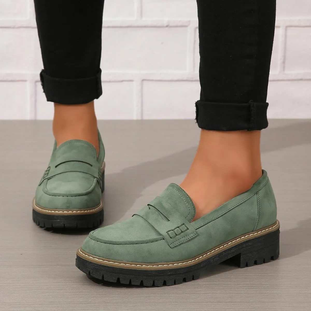 Bandkos Women's Platform Penny Loafers Slip On-Suede Chunky Dress Shoes Casual Business Oxford for Work