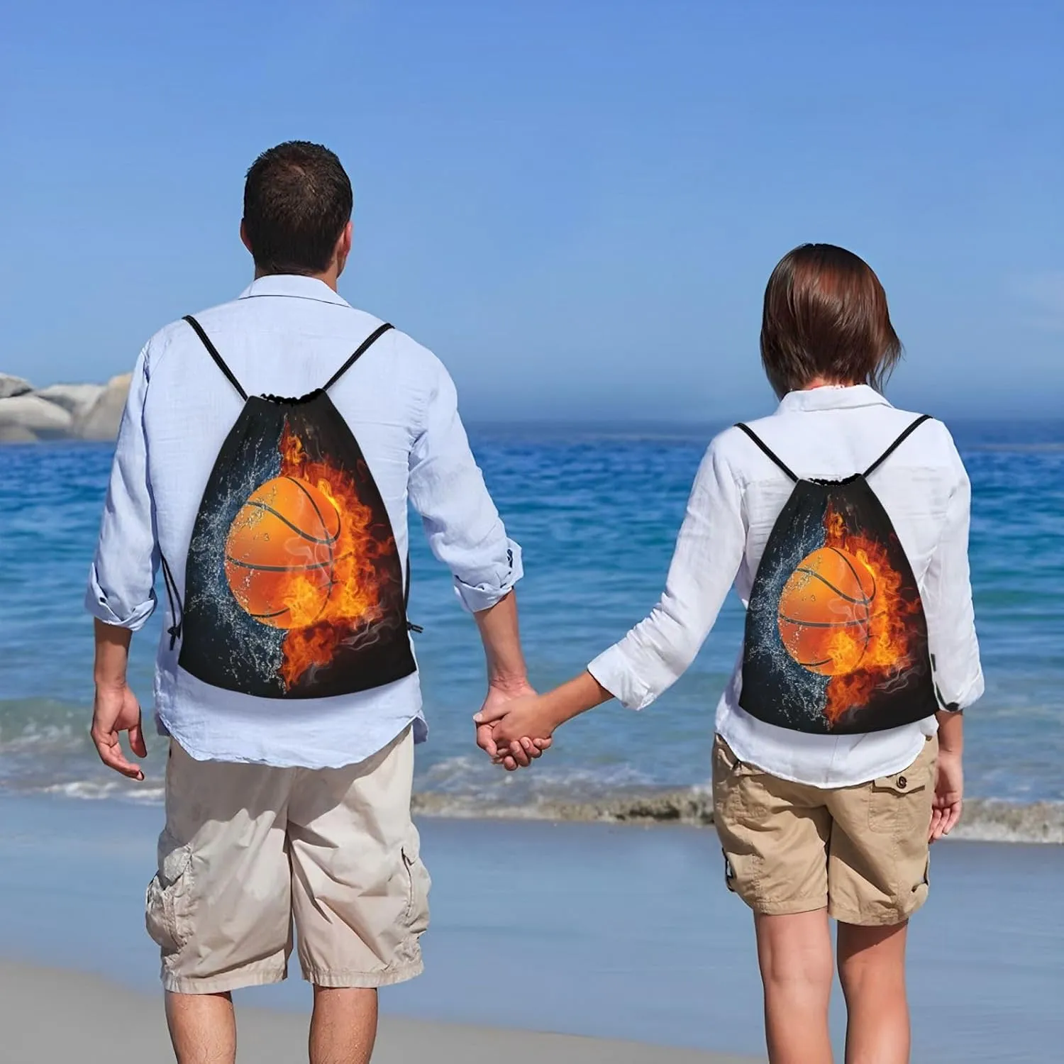 Basketball Drawstring Bags for Kids Boys Girls, Sports-Themed Drawstring Backpack Casual Knapsack for Adults Women Men, Black Draw String Rucksack Bags for Gym Travel Swimming Beach Camping, Small
