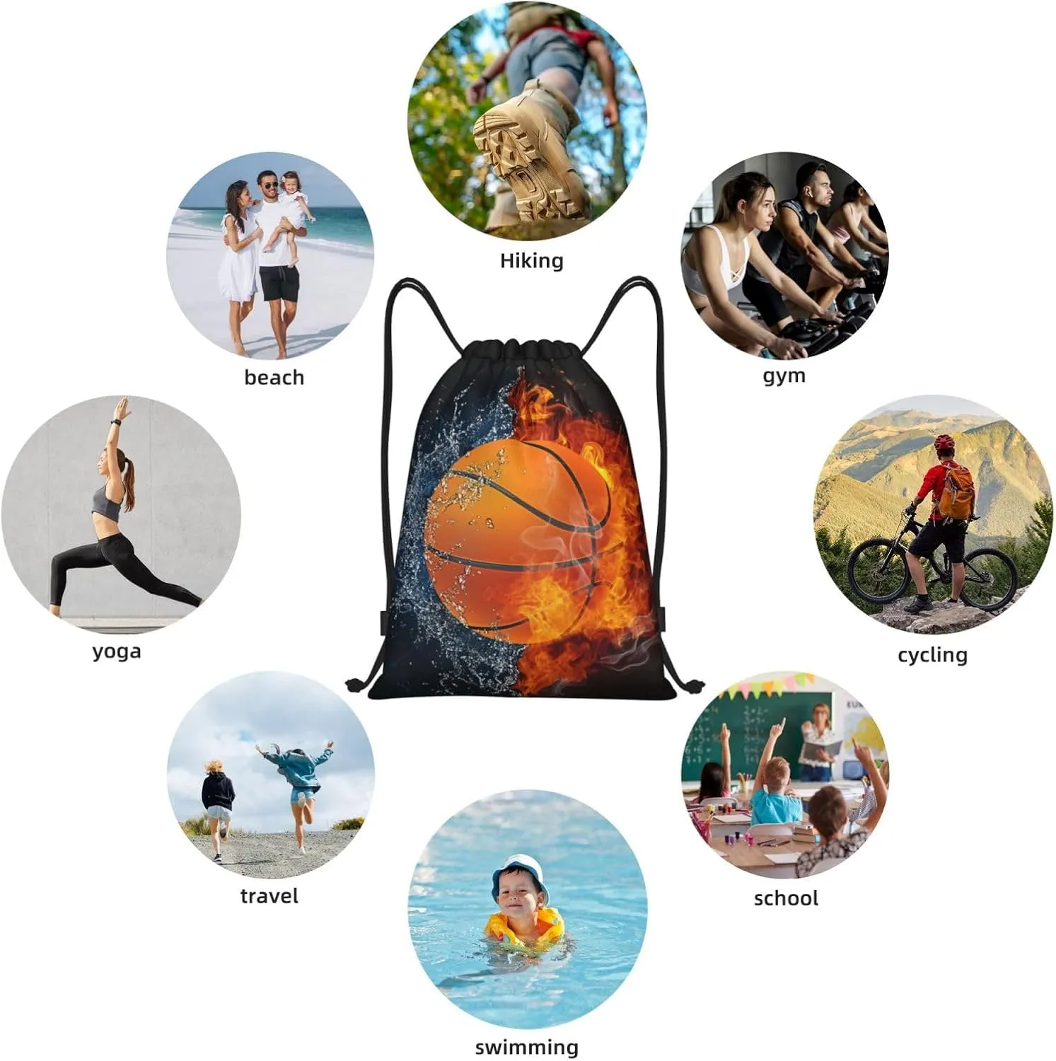 Basketball Drawstring Bags for Kids Boys Girls, Sports-Themed Drawstring Backpack Casual Knapsack for Adults Women Men, Black Draw String Rucksack Bags for Gym Travel Swimming Beach Camping, Small