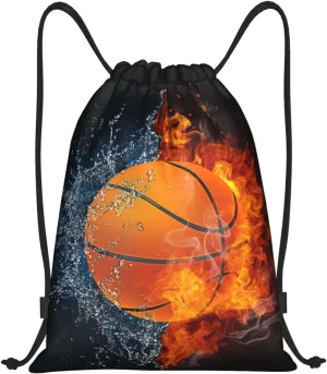 Basketball Drawstring Bags for Kids Boys Girls, Sports-Themed Drawstring Backpack Casual Knapsack for Adults Women Men, Black Draw String Rucksack Bags for Gym Travel Swimming Beach Camping, Small