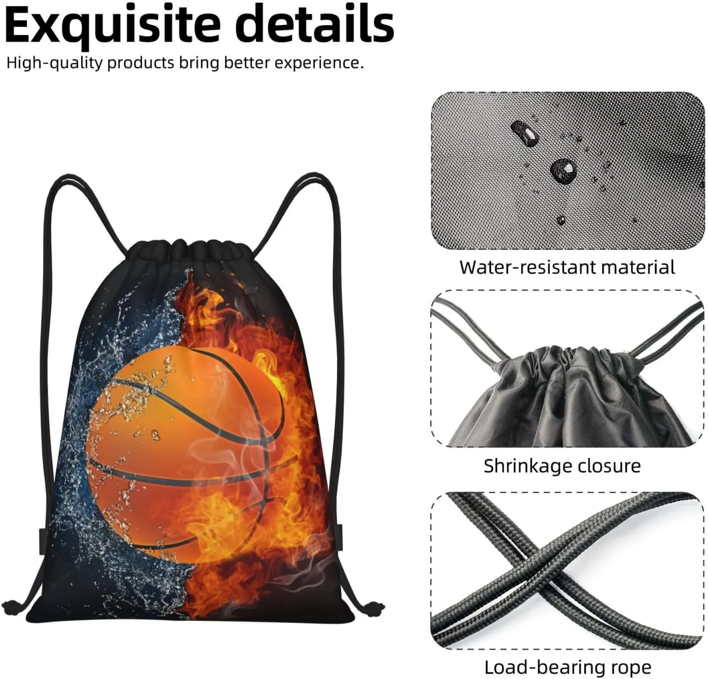 Basketball Drawstring Bags for Kids Boys Girls, Sports-Themed Drawstring Backpack Casual Knapsack for Adults Women Men, Black Draw String Rucksack Bags for Gym Travel Swimming Beach Camping, Small