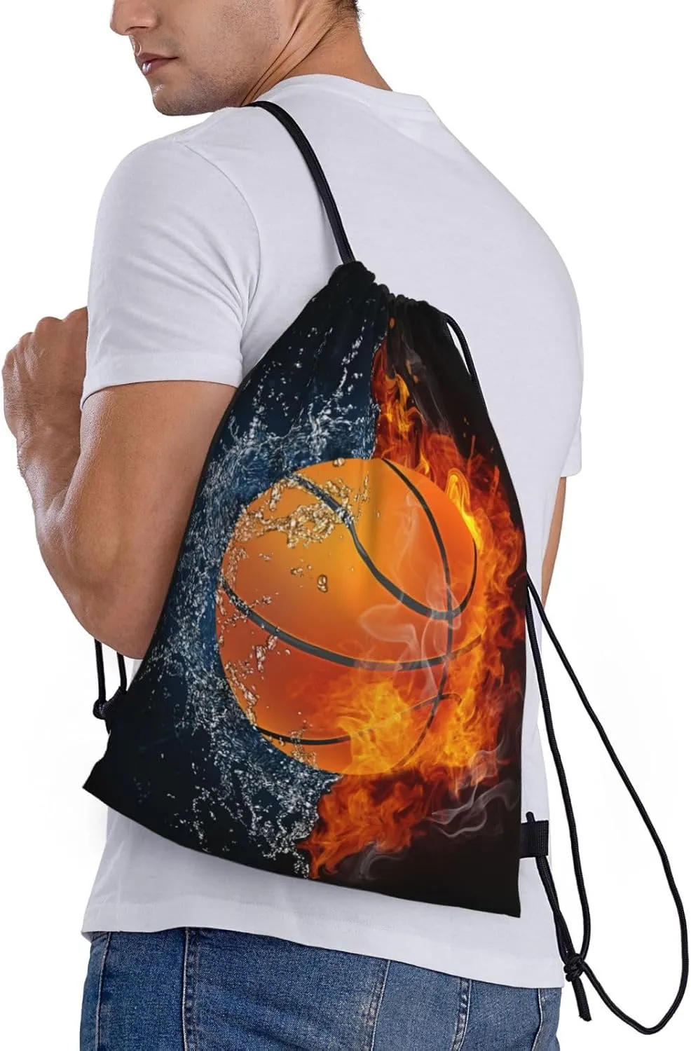 Basketball Drawstring Bags for Kids Boys Girls, Sports-Themed Drawstring Backpack Casual Knapsack for Adults Women Men, Black Draw String Rucksack Bags for Gym Travel Swimming Beach Camping, Small