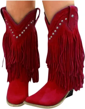 Bcshiye Women's Fringe Western Boot,Chunky Block Heel Tassel Cowboy Boots Vintage Cowgirl Knight Boots Knee High Boots
