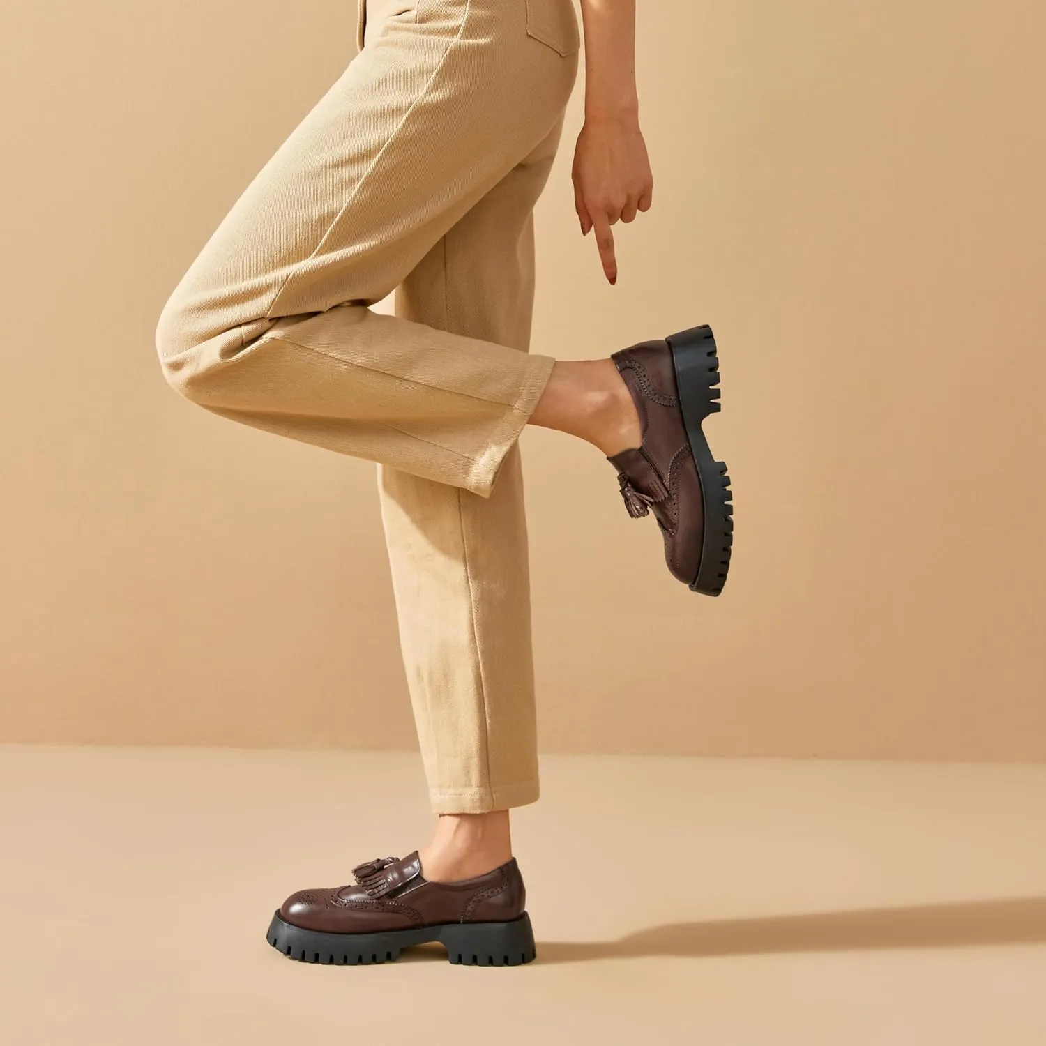 BEAU TODAY Chunky Loafers for Women, Women’s Leather Platform Loafers, Lug Sole Tassel Slip On Loafers Shoes Brogues Wingtip Casual Business Shoes Comfortable Dressy
