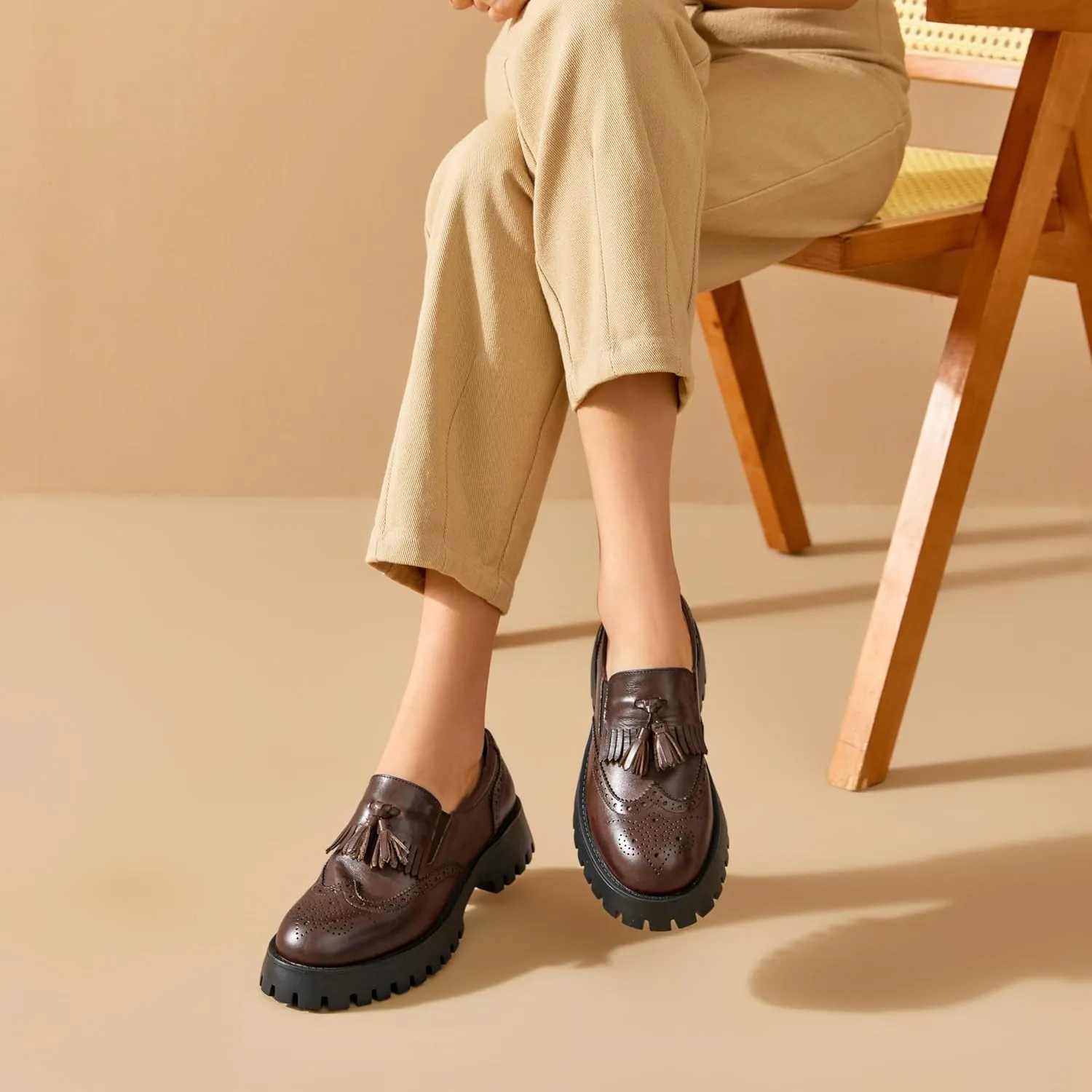 BEAU TODAY Chunky Loafers for Women, Women’s Leather Platform Loafers, Lug Sole Tassel Slip On Loafers Shoes Brogues Wingtip Casual Business Shoes Comfortable Dressy