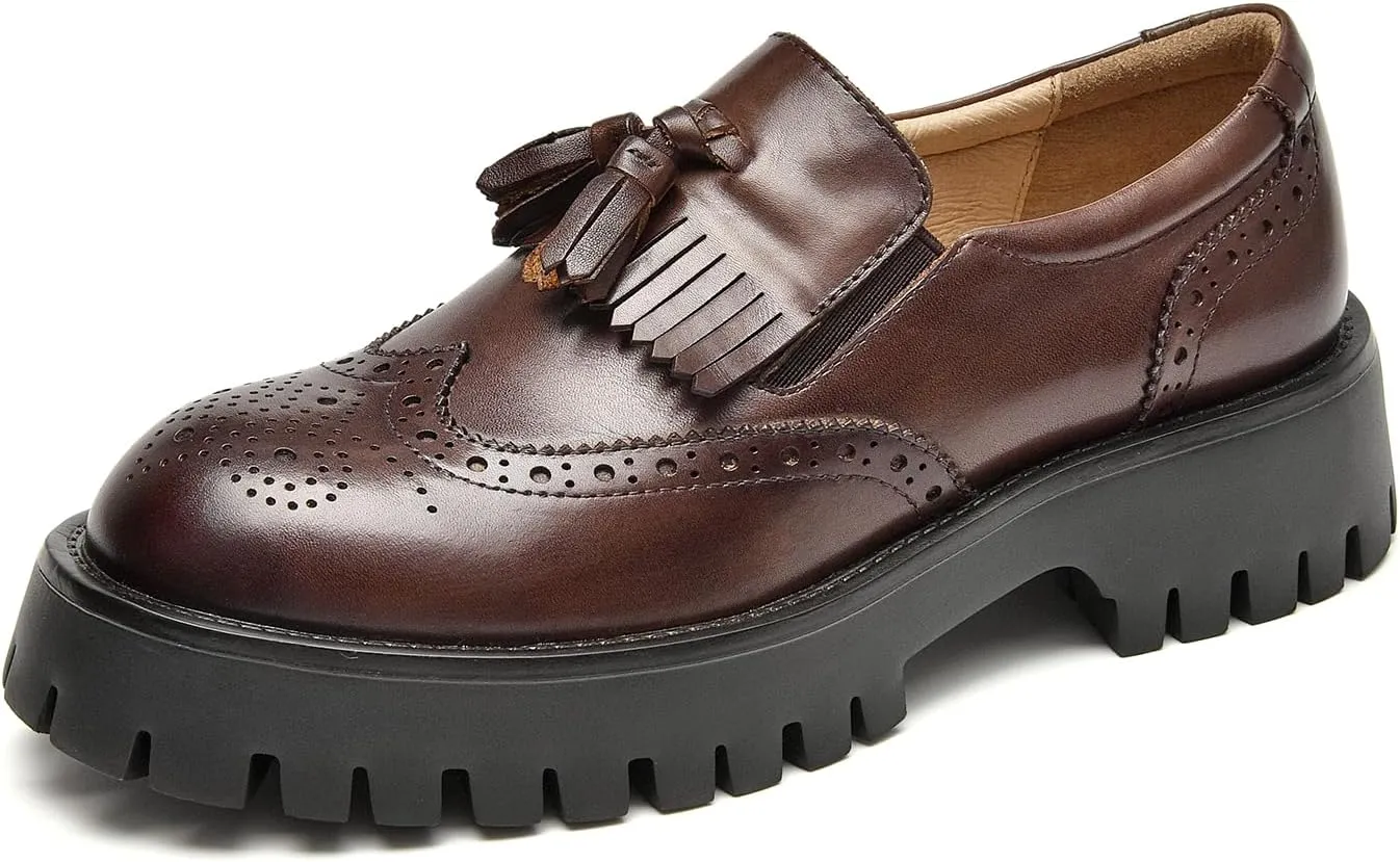 BEAU TODAY Chunky Loafers for Women, Women’s Leather Platform Loafers, Lug Sole Tassel Slip On Loafers Shoes Brogues Wingtip Casual Business Shoes Comfortable Dressy
