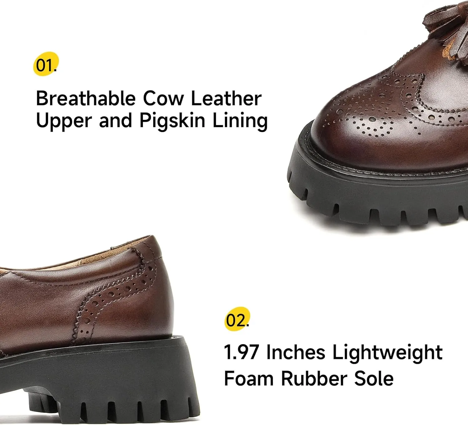 BEAU TODAY Chunky Loafers for Women, Women’s Leather Platform Loafers, Lug Sole Tassel Slip On Loafers Shoes Brogues Wingtip Casual Business Shoes Comfortable Dressy