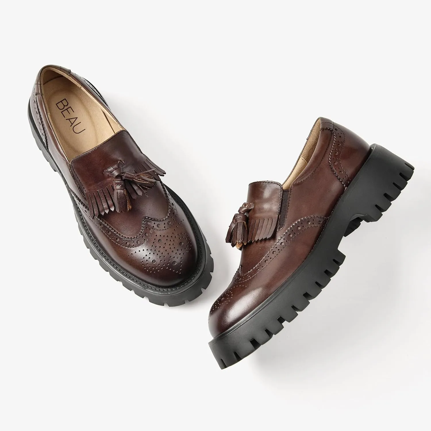 BEAU TODAY Chunky Loafers for Women, Women’s Leather Platform Loafers, Lug Sole Tassel Slip On Loafers Shoes Brogues Wingtip Casual Business Shoes Comfortable Dressy