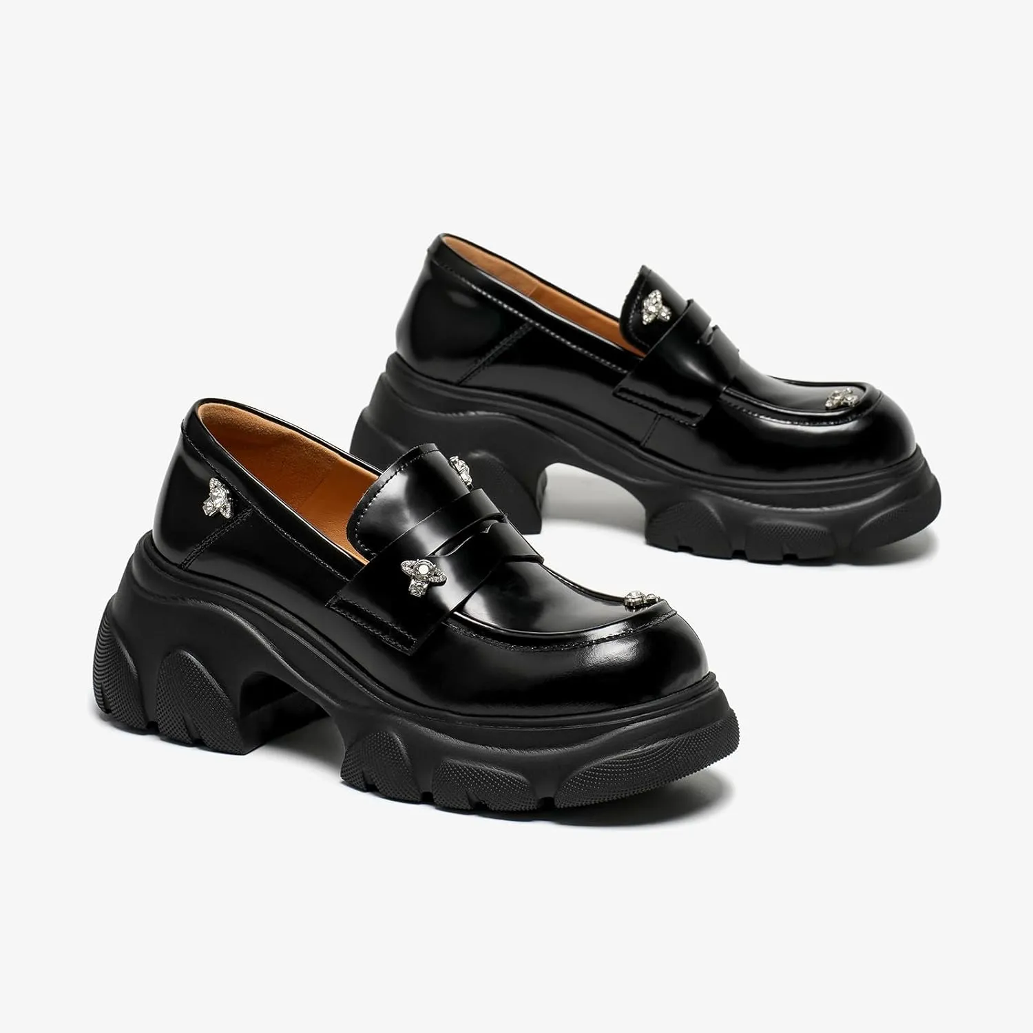 BEAU TODAY Chunky Loafers Women, Genuine Leather Platform Loafers for Women, Slip On Round Toe Comfortable Business Casual Dress Shoes