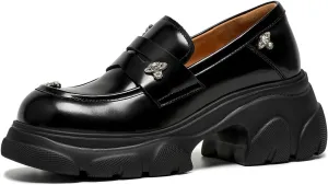 BEAU TODAY Chunky Loafers Women, Genuine Leather Platform Loafers for Women, Slip On Round Toe Comfortable Business Casual Dress Shoes