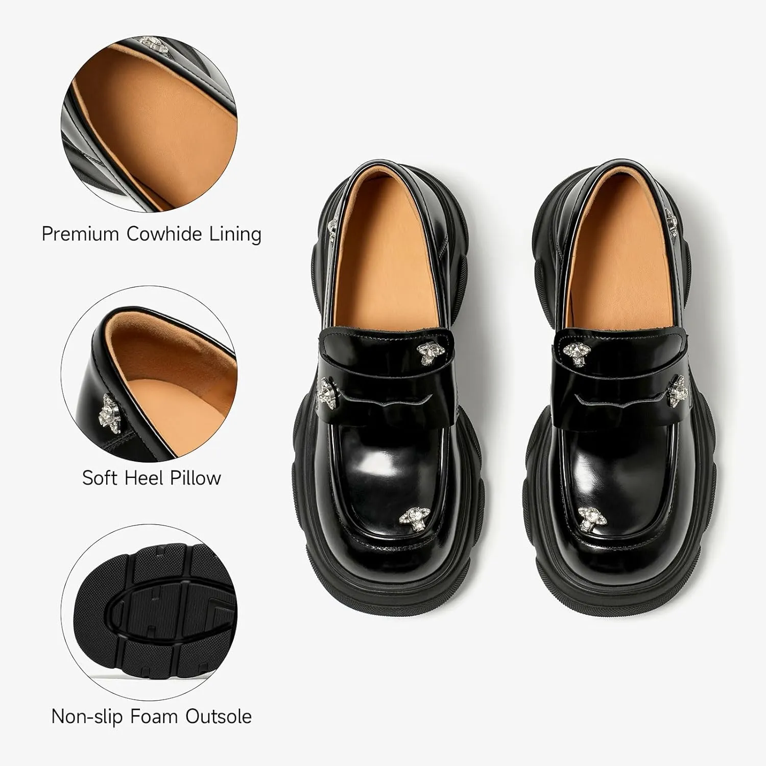 BEAU TODAY Chunky Loafers Women, Genuine Leather Platform Loafers for Women, Slip On Round Toe Comfortable Business Casual Dress Shoes