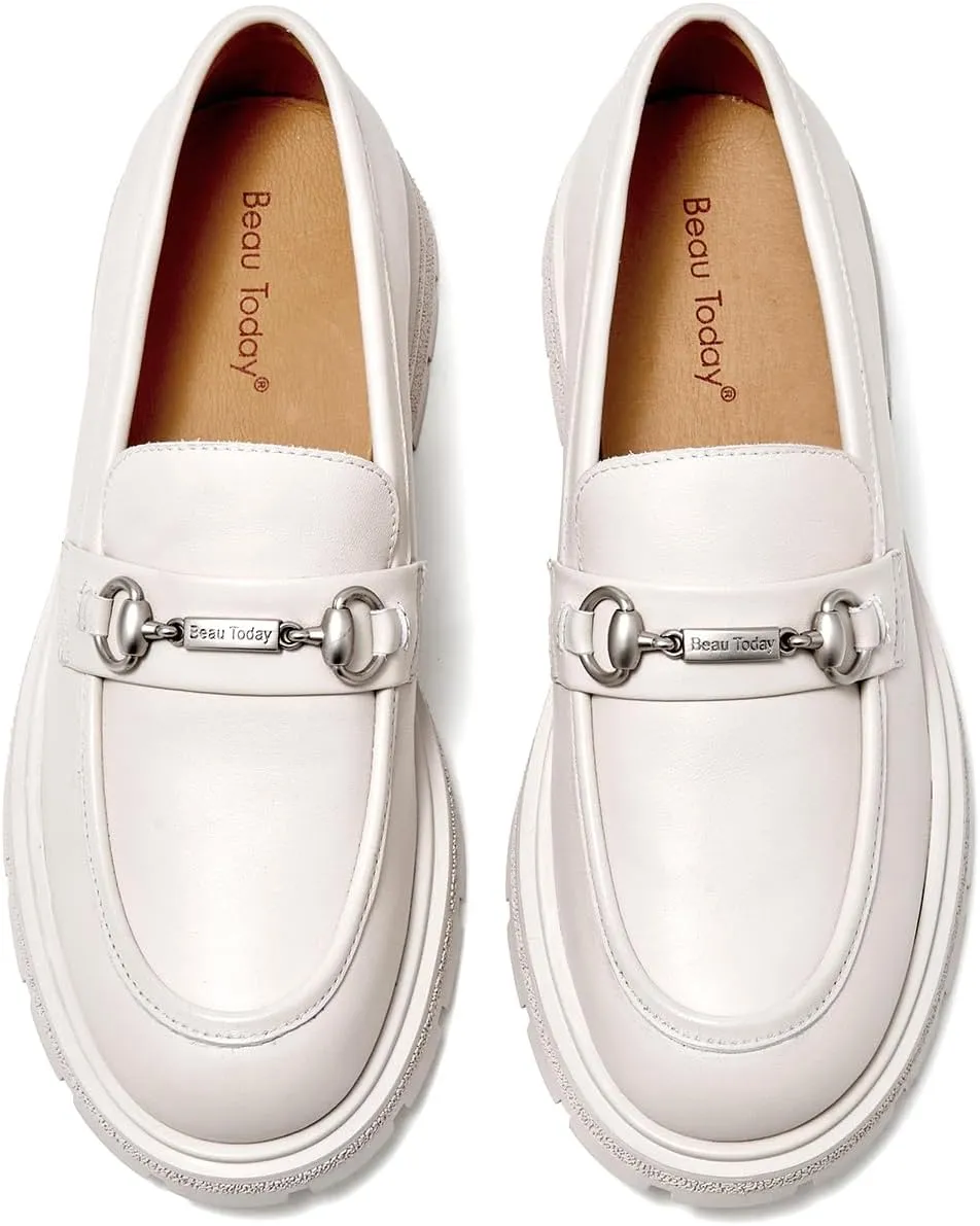 BEAU TODAY Chunky Loafers Women,Patent Full Grain Leather Loafers for Women,Comfortable Slip-on Fashion Platform Shoes, Non Slip Business Casual Work Office Square Toe Dress Shoes