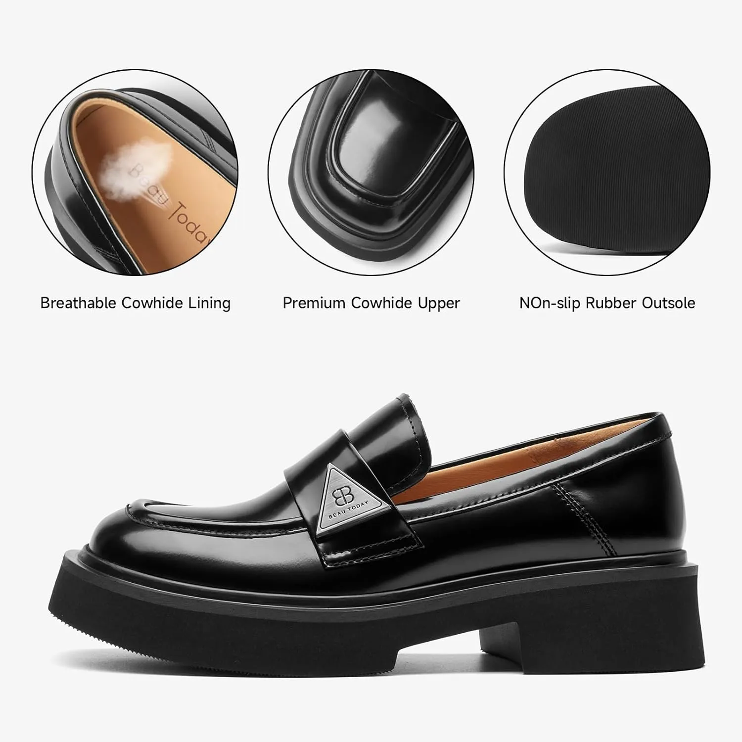 BEAU TODAY Chunky Loafers Women,Patent Full Grain Leather Loafers for Women,Comfortable Slip-on Fashion Platform Shoes, Non Slip Business Casual Work Office Square Toe Dress Shoes