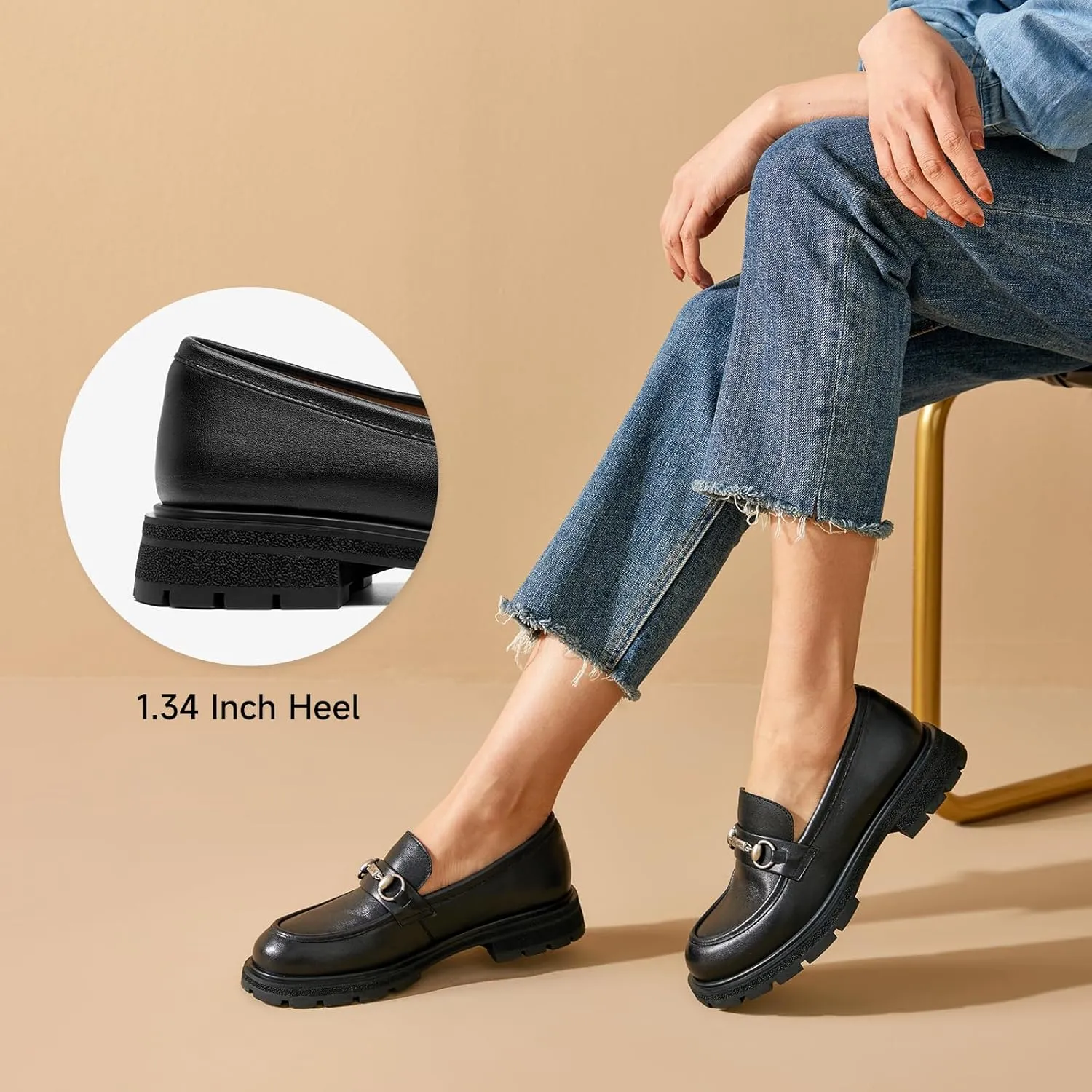 BEAU TODAY Chunky Loafers Women,Patent Full Grain Leather Loafers for Women,Comfortable Slip-on Fashion Platform Shoes, Non Slip Business Casual Work Office Square Toe Dress Shoes