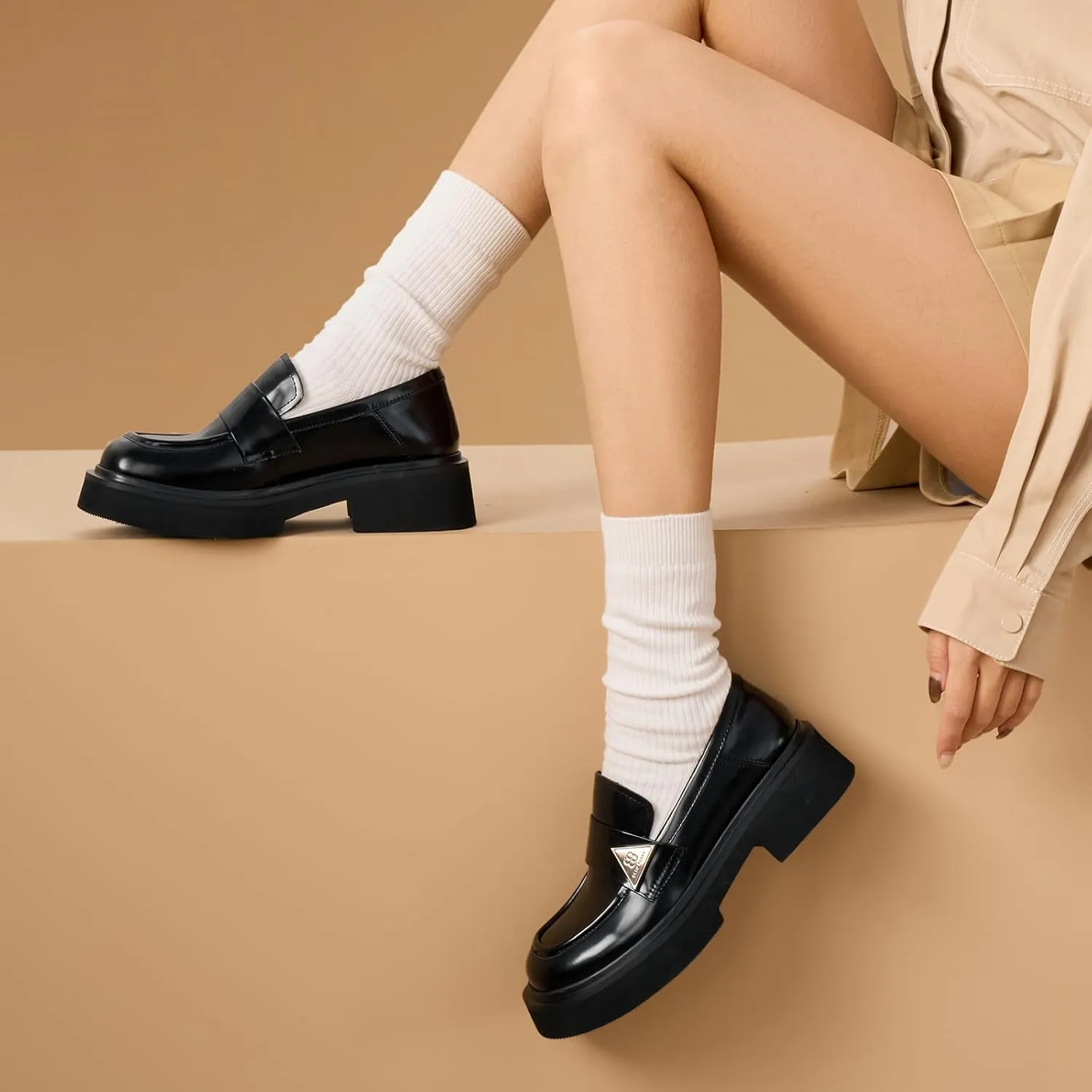BEAU TODAY Chunky Loafers Women,Patent Full Grain Leather Loafers for Women,Comfortable Slip-on Fashion Platform Shoes, Non Slip Business Casual Work Office Square Toe Dress Shoes