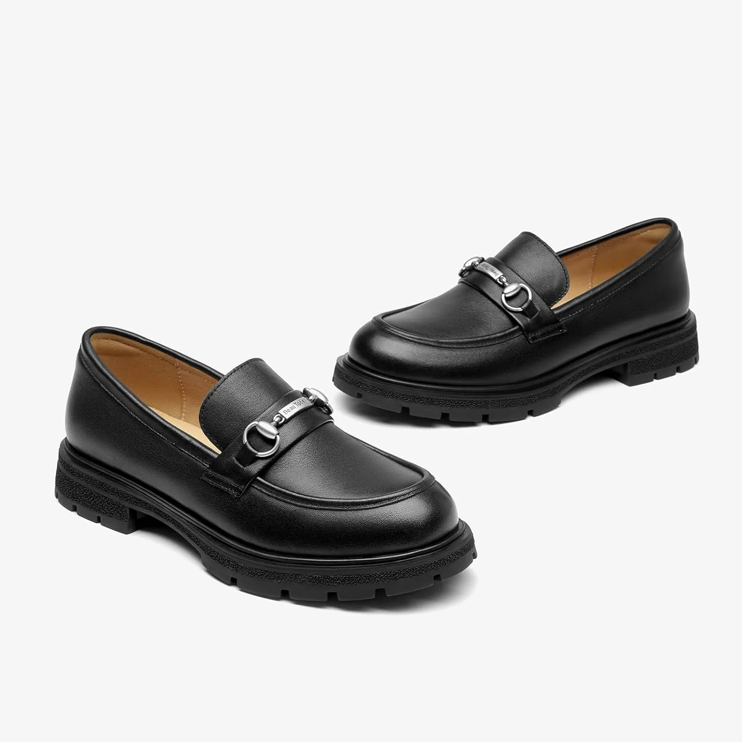 BEAU TODAY Chunky Loafers Women,Patent Full Grain Leather Loafers for Women,Comfortable Slip-on Fashion Platform Shoes, Non Slip Business Casual Work Office Square Toe Dress Shoes