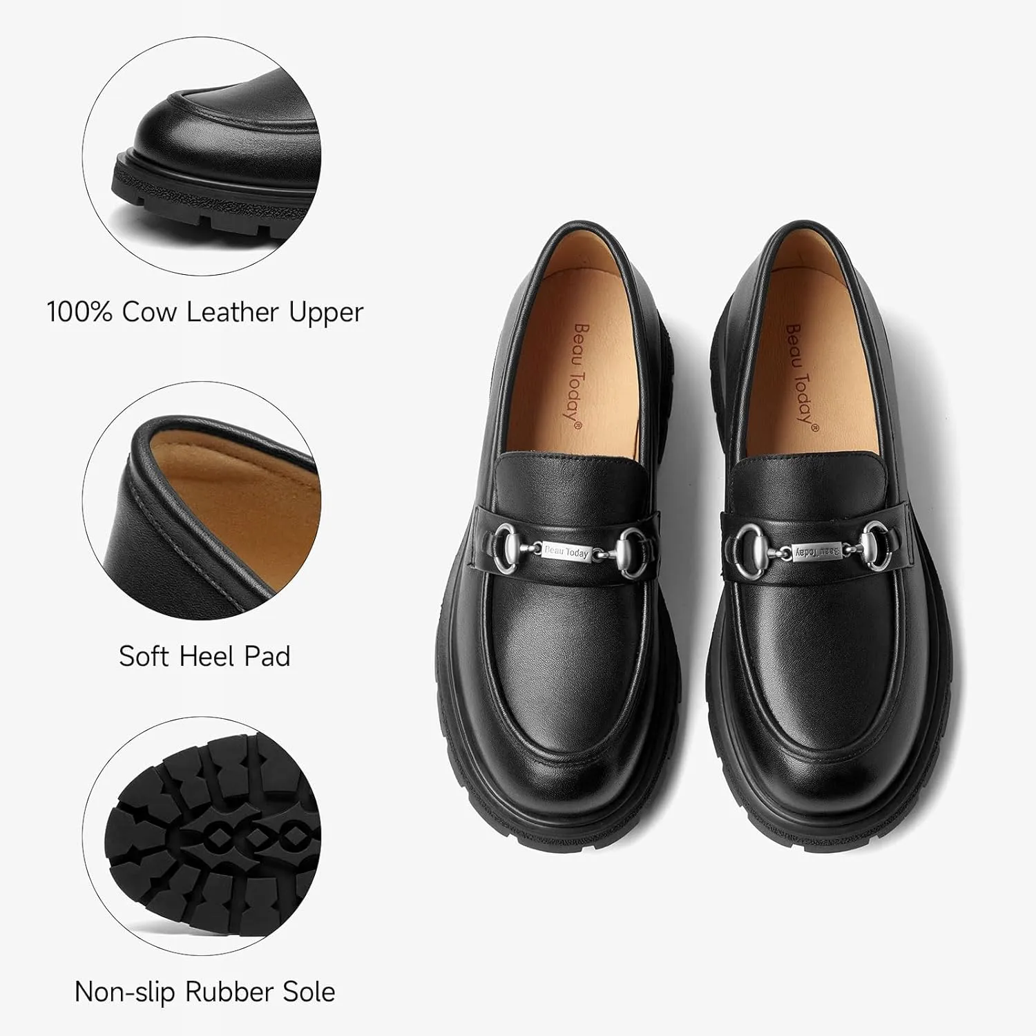 BEAU TODAY Chunky Loafers Women,Patent Full Grain Leather Loafers for Women,Comfortable Slip-on Fashion Platform Shoes, Non Slip Business Casual Work Office Square Toe Dress Shoes