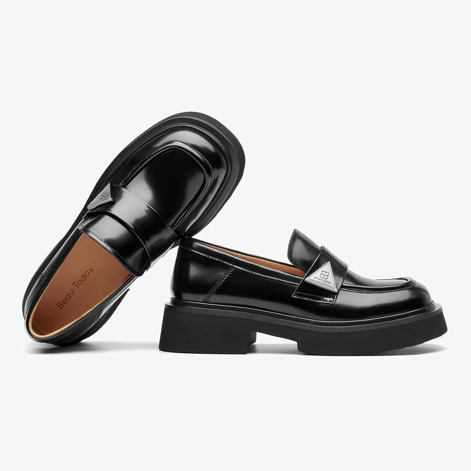 BEAU TODAY Chunky Loafers Women,Patent Full Grain Leather Loafers for Women,Comfortable Slip-on Fashion Platform Shoes, Non Slip Business Casual Work Office Square Toe Dress Shoes