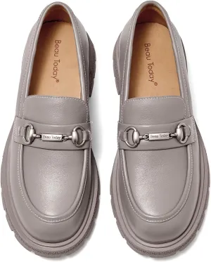 BEAU TODAY Chunky Loafers Women,Patent Full Grain Leather Loafers for Women,Comfortable Slip-on Fashion Platform Shoes, Non Slip Business Casual Work Office Square Toe Dress Shoes